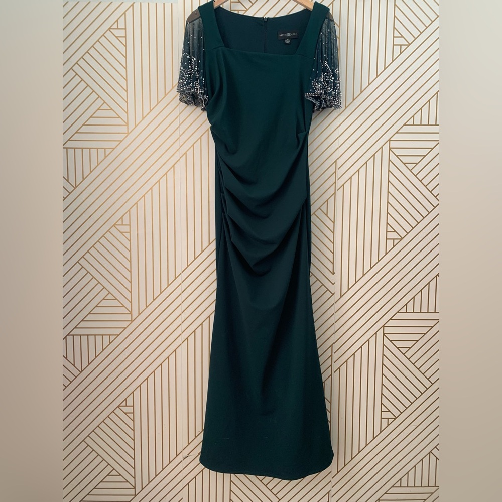 BETSY & ADAM Beaded Flutter-Sleeve Ruched Gown Square Neckline in Pine Green 8 - Picture 4 of 13
